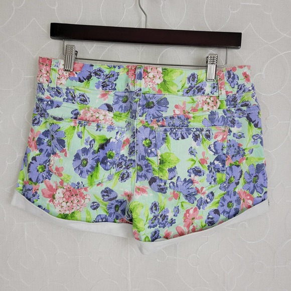 GB Womens Jean Shorts Size 7 Multicolor Floral Button/Zip Closure Cutout Denim - Picture 2 of 6